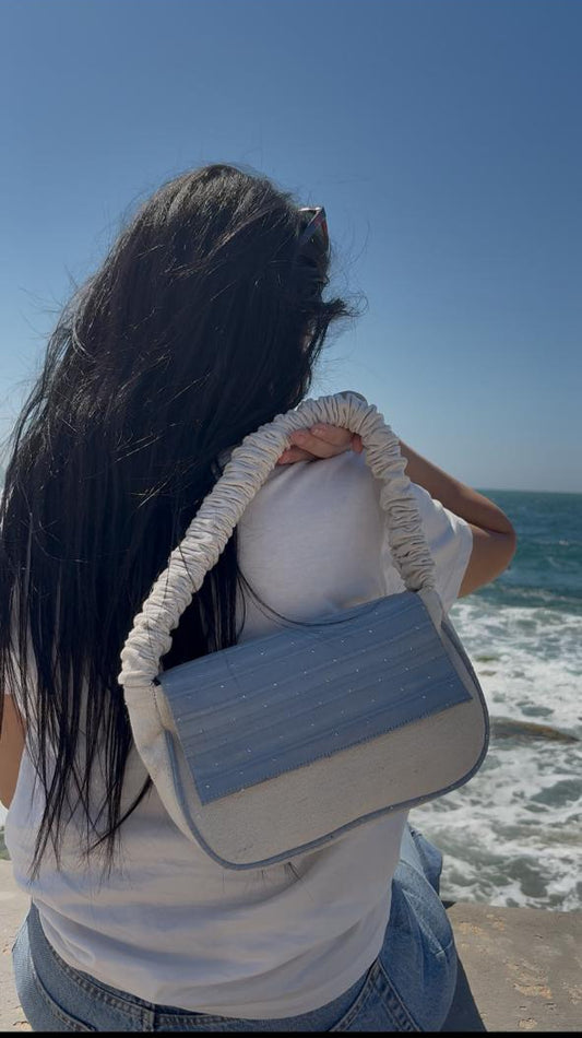 Medium Shoulder Bag with Scenic Fabric Front – Off-White & Blue